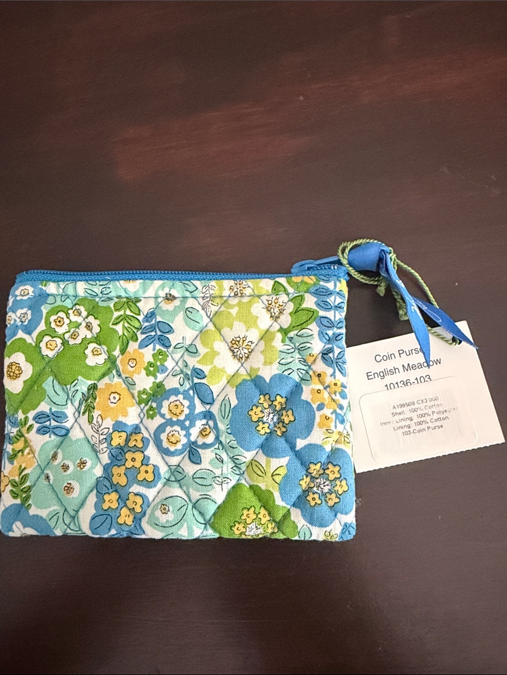 Vera Bradley English Meadow Quilted Coin Purse - Blue, Green, Yellow Floral
